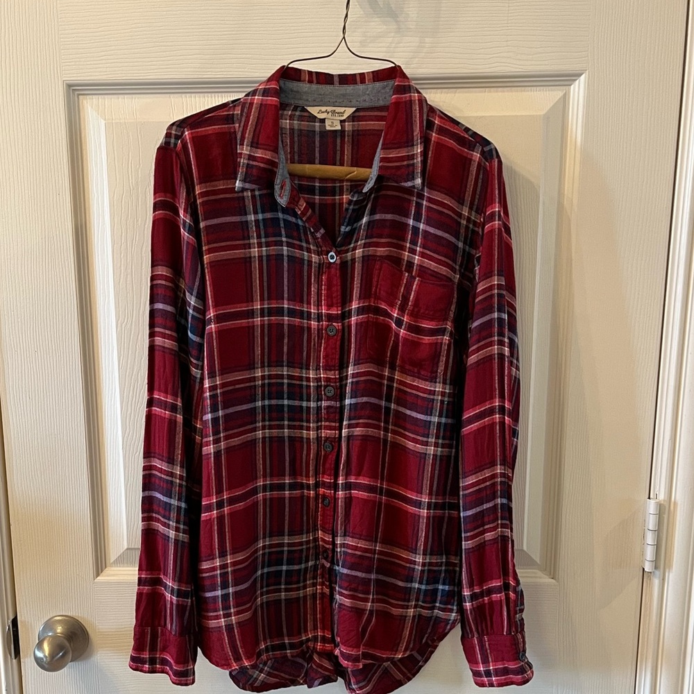 Lucky Brand Women’s Red and Navy Plaid Flannel Shirt, Size Small